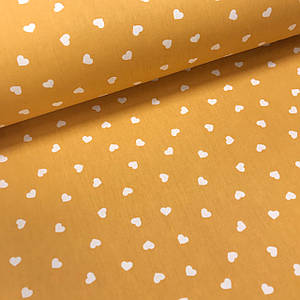 Тканина поплін білі сердечка на світло-жовтогарному (ТУРЦІЯ шир. 2,4 м) (R-G-0273)