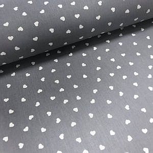 Тканина поплін білі сердечка на сірому (ТУРЦІЯ шир. 2,4 м) G