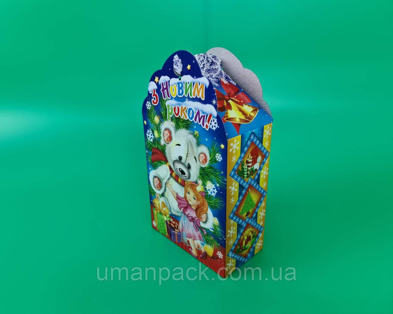 Новорічна подарункова картонна упаковка для цукерок №223 (700гр) Міша і маша (25 шт), фото 1