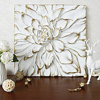 Панно объемный Цветок Пион белый с золотом КPД 914 Белый золото
