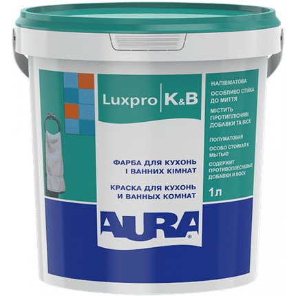 Aura Luxpro K&B, вологостійка фарба для кухонь та ванних кімнат, напівматова, 1л, фото 1