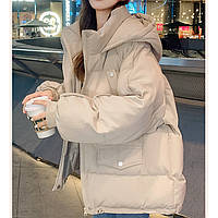 Ультрамодная зимняя женская куртка пуховик короткая, стиль оверсайз. Качество! сезон 2023, бежевый (261)