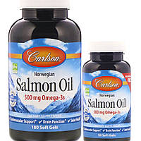 Норвезьке масло лосося Омега 3 Carlson Labs Salmon Oil 500 mg Omega-3s 180+50 гел капс