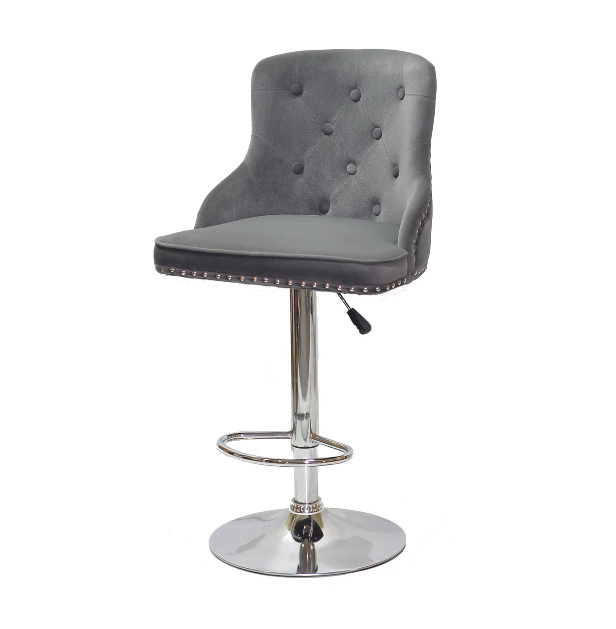 Стілець барний Олімп сірий оксамит + гудзики OLIMP BAR CH - BASE на хром диску, крісло візажиста, фото 1
