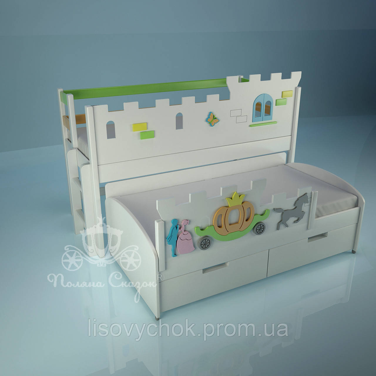 Двох'ярусне ліжко низька "Замок", "Попелюшка"