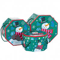 Коробка новорічна восьмигранна з ручками "Снеговичек" (3 розміри)