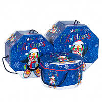 Коробка новорічна восьмигранна з ручками "Пінгвін" (3 розміри)