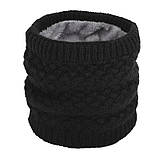 Теплий дитячий комплект для хлопчика 5-6-7-8-9-10 років: зимова шапка на флісі + снуд хомут на хутрі чорний-сірий, фото 3