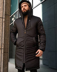 Чоловіча зимова куртка довга чорна парку з капюшоном тепла Dark Side Туреччина. Живе фото