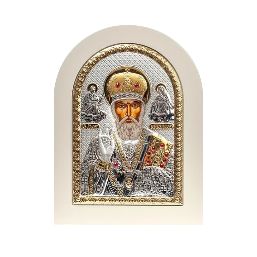 Ікона Свята Микола Чудотворець із позолотою арка біла