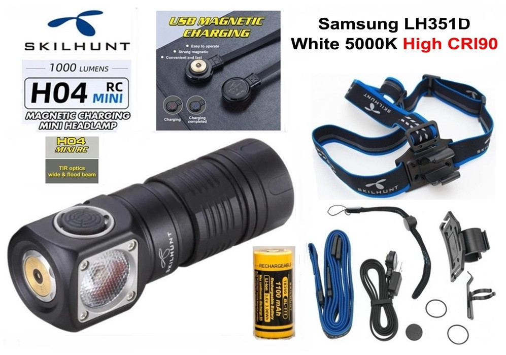 Налобний ліхтар SKILHUNT H04 RC Mini + 1100mAh 18350 Акумулятор (1200LM, Samsung LH351D HIGH CRI LED, 5000k, IPX8, TIR, Магніт), фото 1
