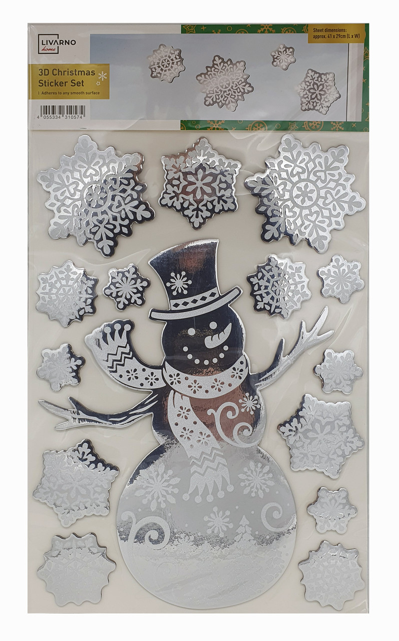 Набір новорічних 3D наклейок Сніговик та сніжинки Livarno Home15 шт. багаторазові дзеркальні наліпки 50 х 30 см, фото 1