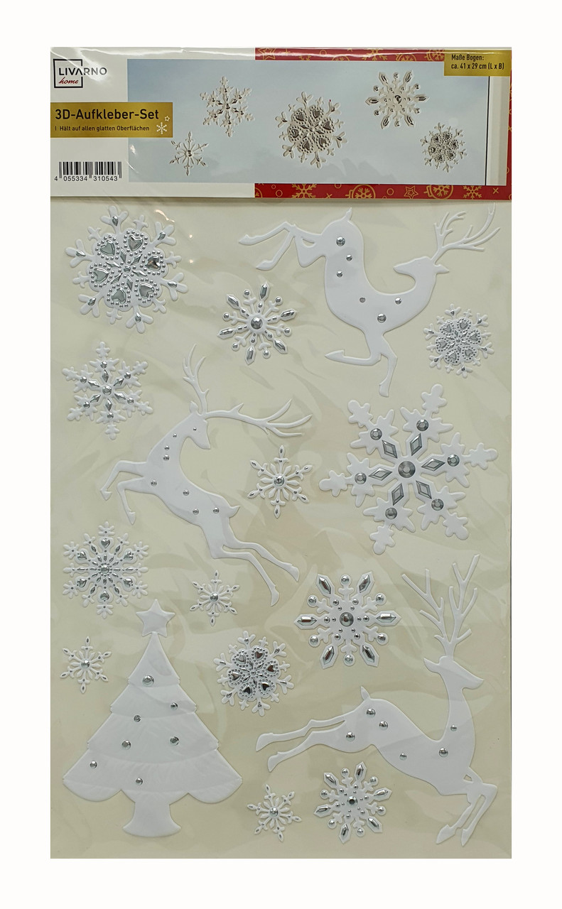 Набір новорічних 3D наклейок Livarno Home 17 шт. багаторазові наклейки новорічні 50 х 30 см, фото 1