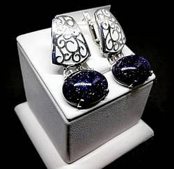 Стильні срібні сережки жіночі з авантюрином "Стелла" Модні великі сережки зі срібла з камінням