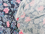 Віскоза стрейч принтована, рожеві квіточки і дрібний горох на темно синьому фоні. (ширина 1,70м) №818, фото 5