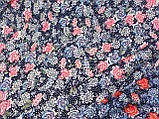 Віскоза стрейч принтована, рожеві квіточки і дрібний горох на темно синьому фоні. (ширина 1,70м) №818, фото 4