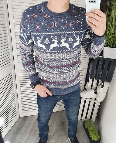 Чоловічий новорічний светр з оленями блакитний колір, фото 2