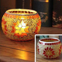 Підсвічник-ваза Мозаїка Handmade ручної роботи зі скла та бісеру Жовтогарячий Скло