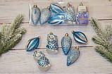 Набір новорічних іграшок сови, шишки (6 шт.). 8 см. Колір блакитний + срібло, фото 2