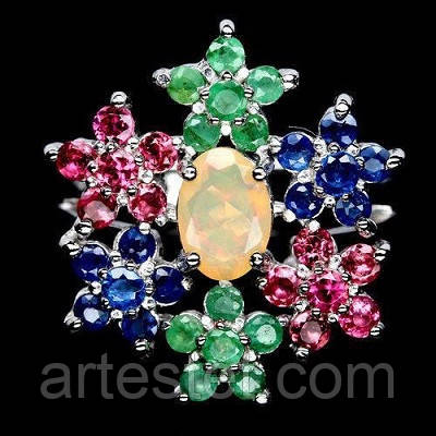 Кільце з опалом, сапфірами, рубінами та смарагдами, фото 1