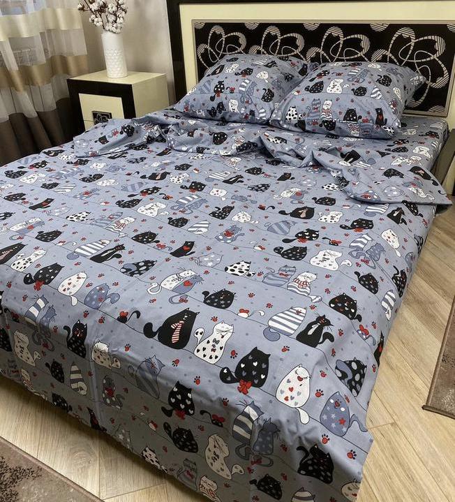 Дитячий полуторний комплект з 2 наволочками, принт: Котики на сірому