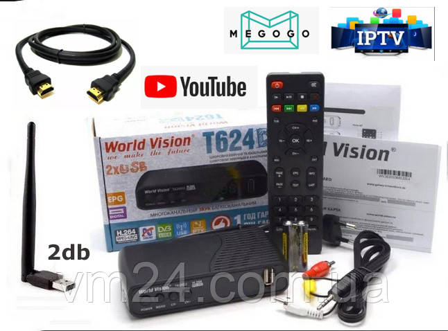 WiFi 2db Цифровий TV-тюнер DVB Т2\C тюнер World Vision T624D3-32 канали AC3 IPTV,YouTube ,Megogo+кабельHDMI