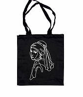 Эко-сумка шоппер рисунок девушка с жемчужной сережкой ручная роспись ручная работа З карманом всередині, Без застежки, Чорний