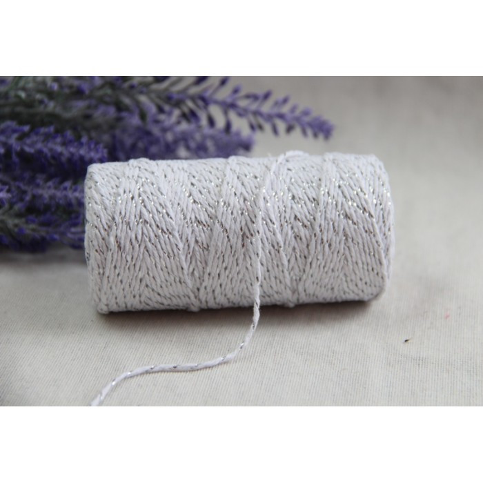 Шнур бавовняний із люрексом, білий зі сріблом МОТОК 100 метрів