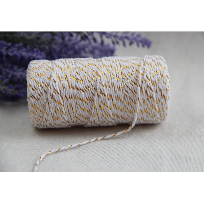 Шнур бавовняний із люрексом, білий із золотом МОТОК 100 метрів
