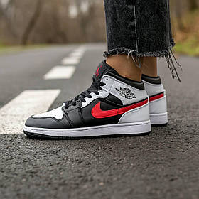 Жіночі та дитячі кросівки на хутрі Jordan 1 Black/Red/White