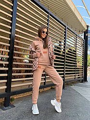 Жіночий зимовий спортивний костюм трійка з жилеткою, кофта з капюшоном і штани з кишенями