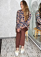 Размер 46. Женская теплая пижама на байке, коричневый зимний комплект для сна и дома с листьями папоротника