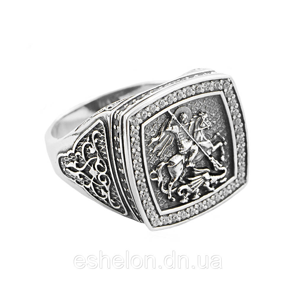 Печатка чоловіча срібна Георгій Побідоносець з камінням, фото 1