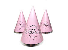 Ковпак святковий 15 см "HappyBirthday" срібло на рожевому 10шт/упаковка
