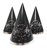 Колпак праздничный 15 см "HappyBirthday" срібло на черном 10шт/упаковка