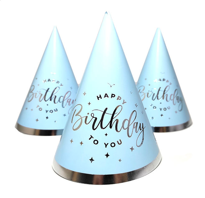 Колпак праздничный 15 см "HappyBirthday" срібло на голубом 10шт/упаковка