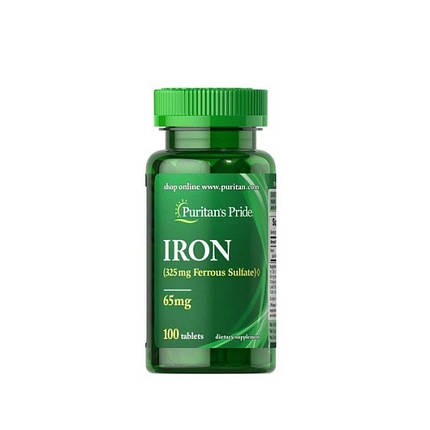 Залізо Puritan's Pride Iron 65 mg (Ferrous Sulfate 325 mg) 100 Tabs, фото 1