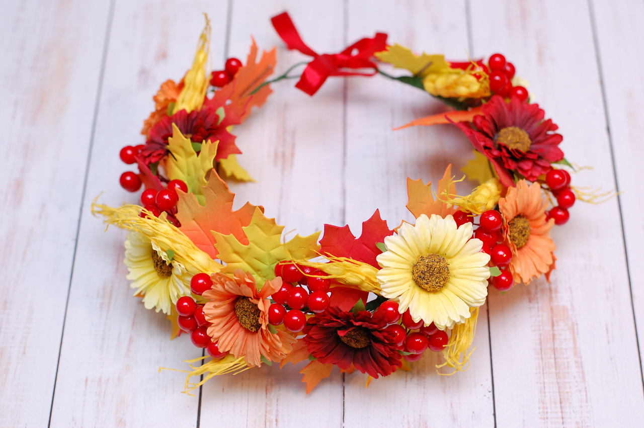 Осінній вінок для волосся / вінок на голову з листям, квітами, колосками та калиною 492 об, фото 1