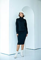 Черный теплый женский костюм из ангора: свободная кофта и приталенная юбка размеры 44, 46, 48