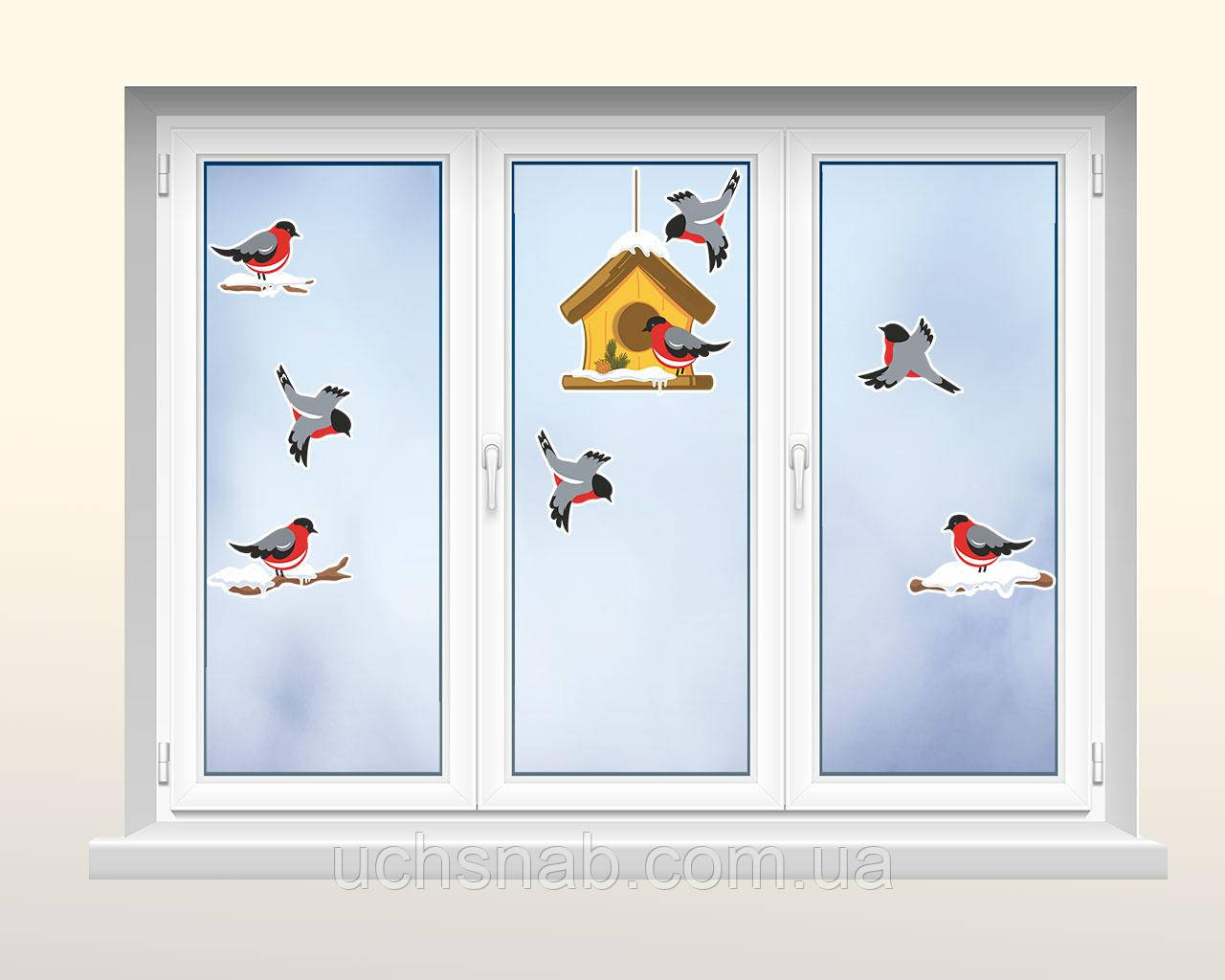 Новорічна наклейка на стіни та вікна - Снігурі з годівничкою, фото 1