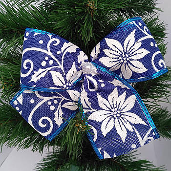Новорічна прикраса Бант синій мішковина Різдвяник 16*15 см