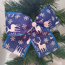 Новорічна прикраса Бант синій мішковина сніжинка з оленями 16*15 см
