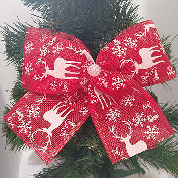 Новорічна прикраса Бант червоний мішковина сніжинка з оленями 16*15 см