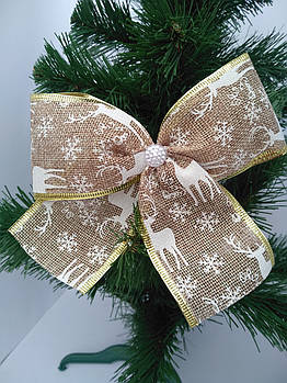 Новорічна прикраса Бант золотистий мішковина сніжинка з оленями 16*15 см