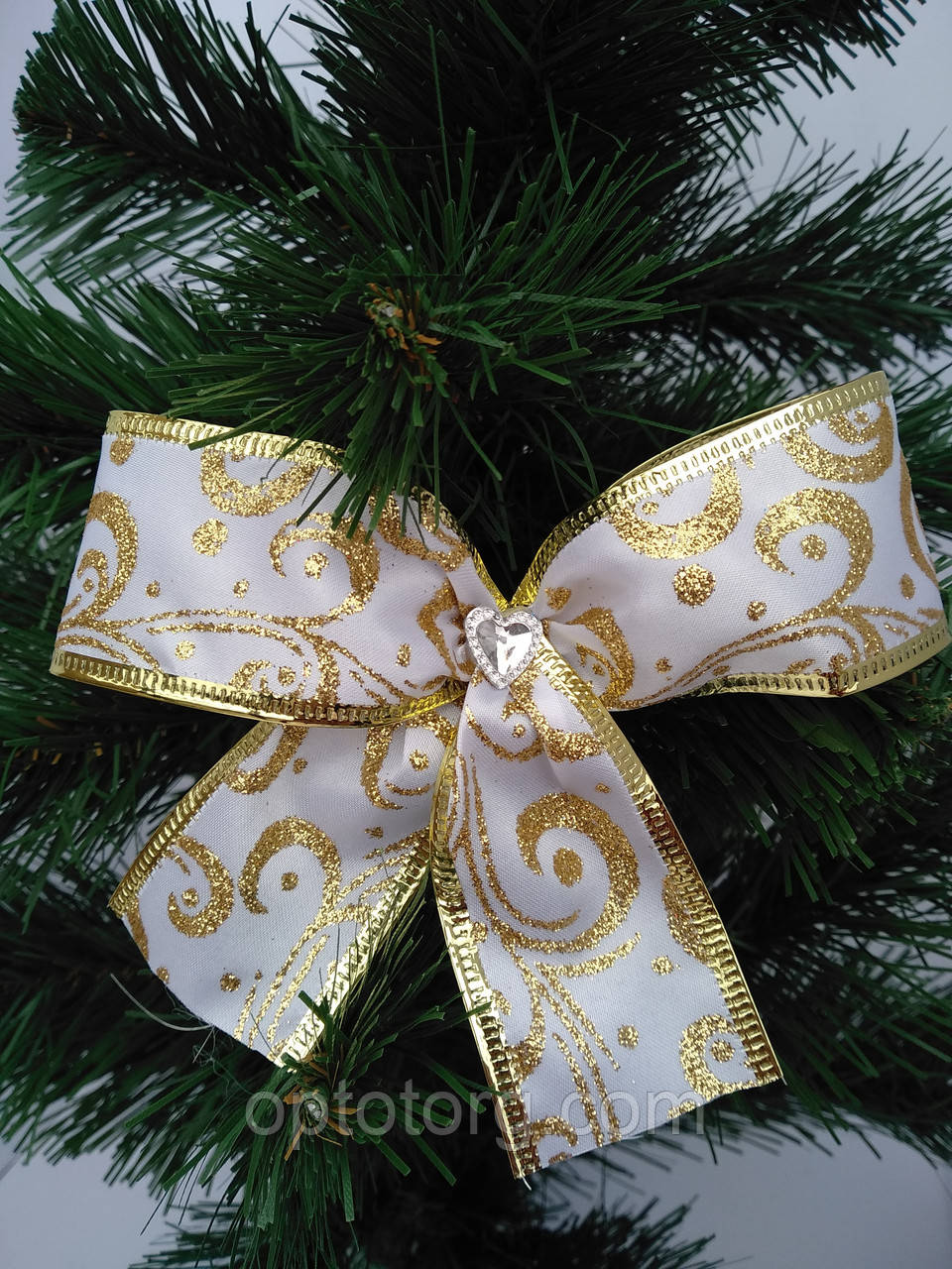 Новорічна прикраса Бант біло- золотий орнамент 14*9 см, фото 1