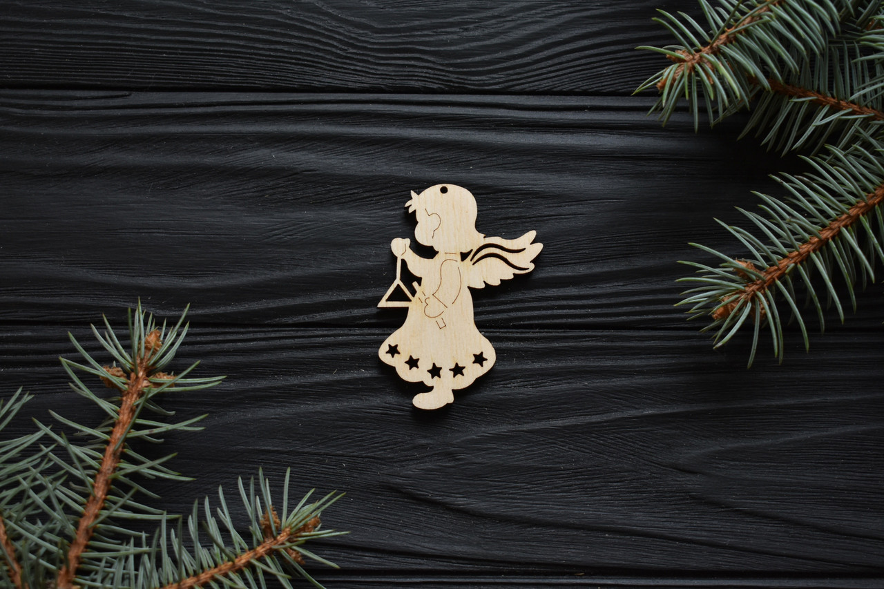 Дерев'яна ялинкова іграшка ангел, Різдвяний Новорічний декор, підвіска на ялинку янголят з трикутником, фото 1