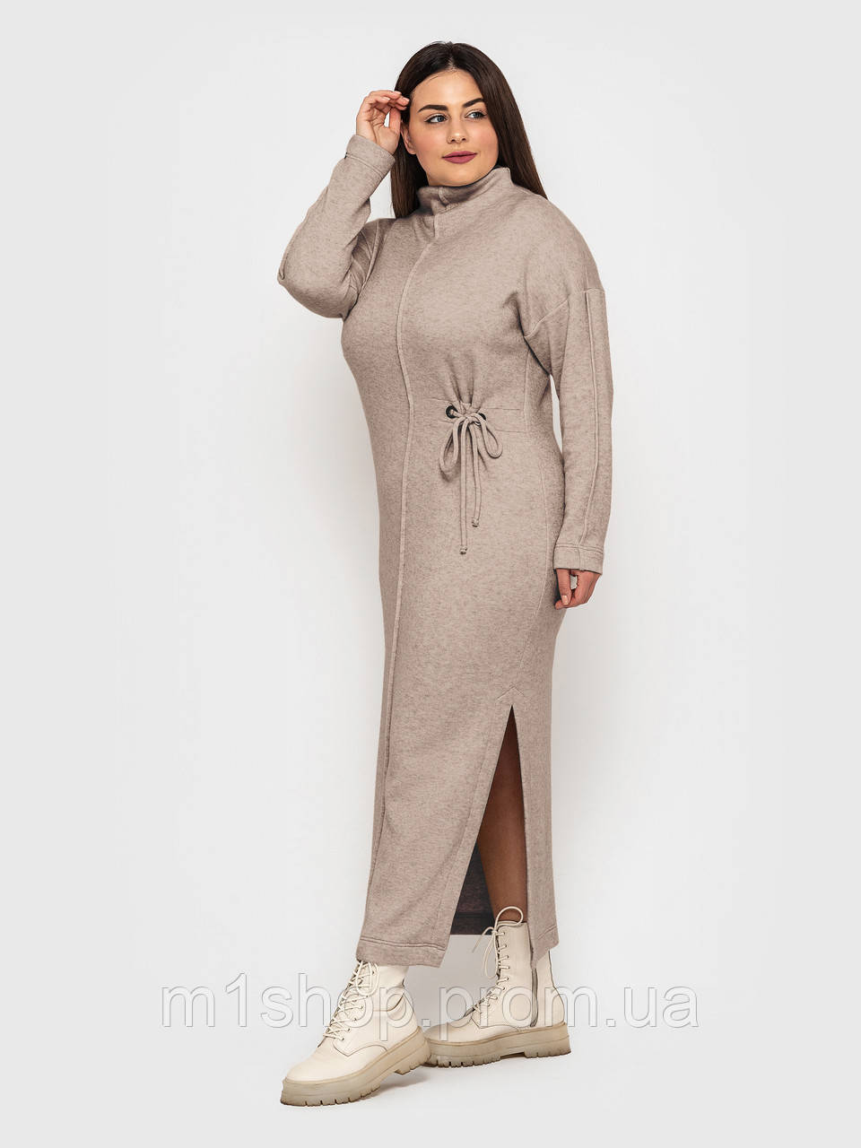 Женское теплое длинное шерстяное темно-бежевое платье больших размеров (Робина lzn ) - фото 2 - id-p1291161677