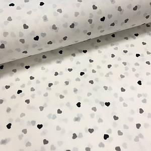 Тканина поплін сердечка сіро-чорні на білому (ТУРЦІЯ шир. 2,4 м) (R-G-0322)