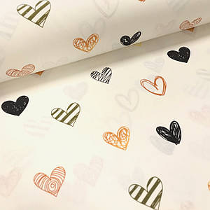 Тканина поплін намальовані сердечка зелено-жовтогарячі на білому (ТУРЦІЯ шир. 2,4 м) (R-G-0323)