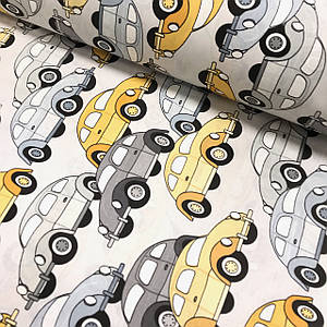 Тканина поплін-ретро машинки жовто-сірі на світло-сірому (ТУРЦІЯ шир. 2,4 м) (R-G-0313)
